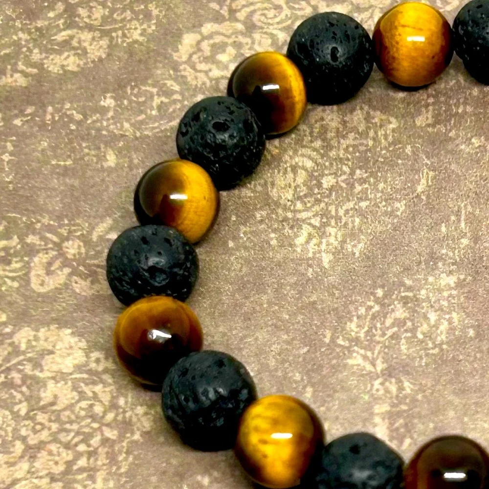 Handmade Men’s Cross Beaded Bracelet with Natural Tiger Eye & Lava Stone… - Picture 4 of 4